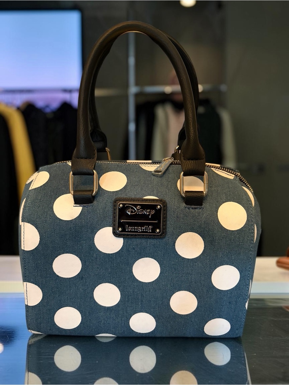 Loungefly Denim Polka Dot Minnie Mouse Satchel with Black Handles - Picture 2 of 6